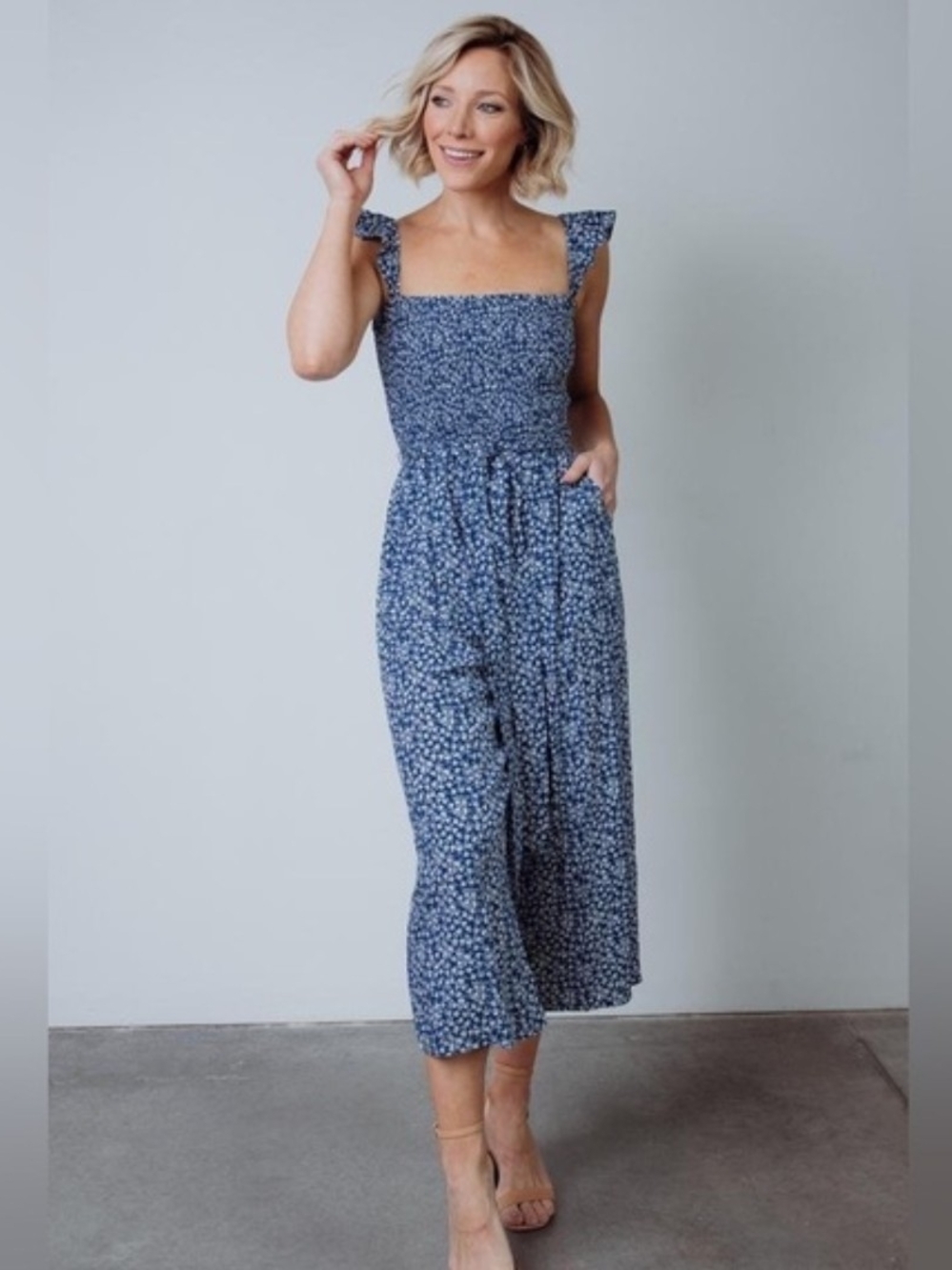 Baltic Born - Hadley Smocked Square-Neck Blue Floral Jumpsuit - Size Large